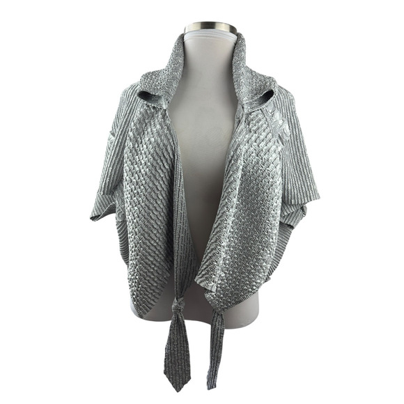 Candiss Cole Art-To-Wear Jacket Silver Crinkle Open Front One Size Quiet Luxury - Picture 2 of 16